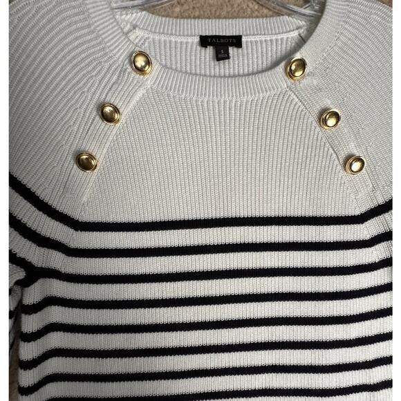 Talbots Cream Navy Nautical Crewneck Breton Stripe Sweater Sz S 100% Pima Cotton - Picture 8 of 15